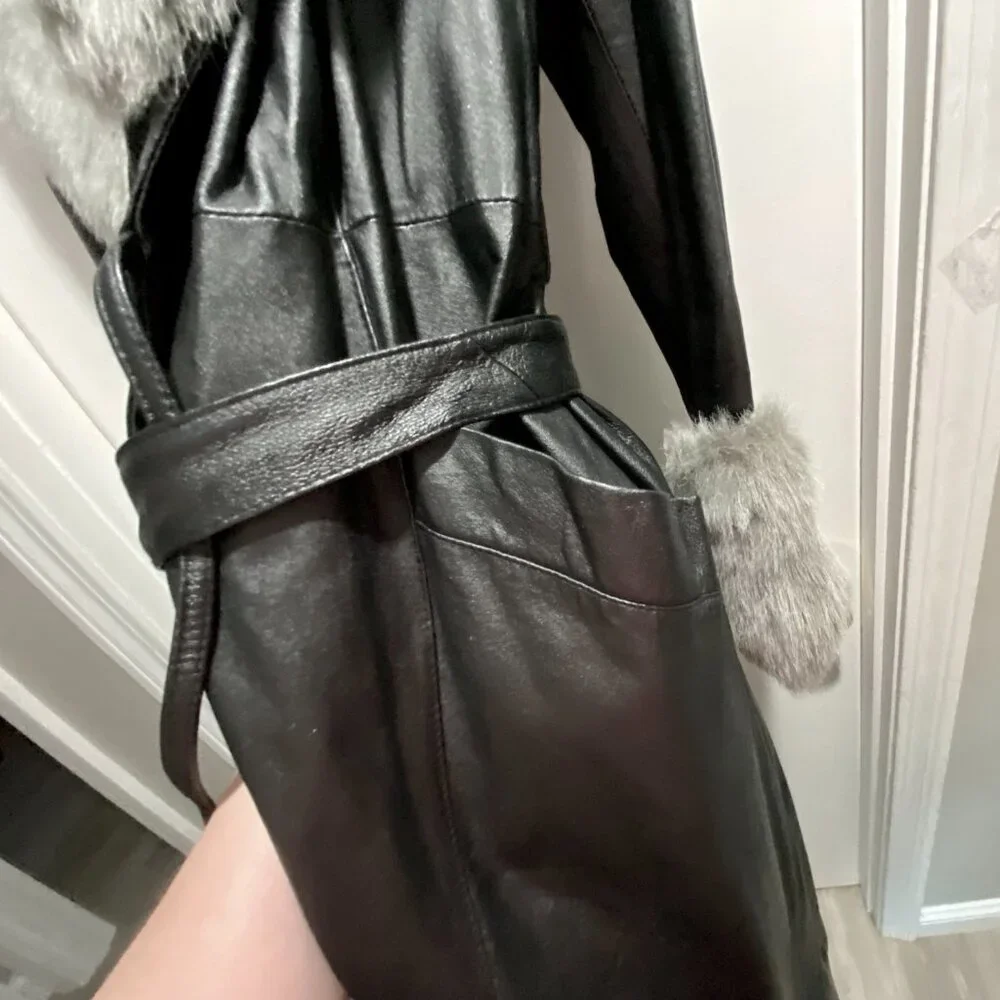 Vintage Newport News Leather Faux Fur Steampunk Goth Punk Belted Y2K Long Coat S - Picture 4 of 13